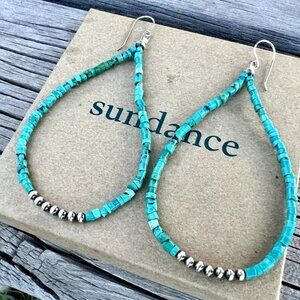 SUNDANCE $198 NEW 3-1/2" Turquoise Heishi Sterling Silver Beaded Hoops Earrings